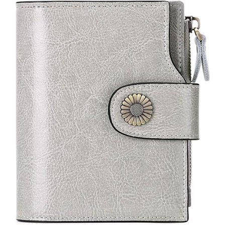 Grå liten damplånbok i äkta läder, tvådelad kompakt RFID-skyddad liten damplånbok