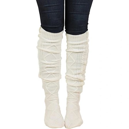 Kabelstrikkede damestrømper, knæhøje, vinter, ekstra lange, lårhøje