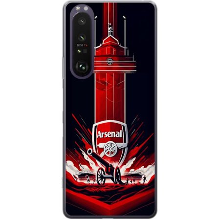Yhteensopiva Puhelinkuori Sony Xperia 1 III Arsenal-embleemi, jossa tykki ja stadionmotiivi voimakkaassa punaisessa ja valkoisessa urheilusuunnittelus