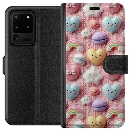 Yhteensopiva Lompakkokotelo Samsung Galaxy S20 Ultra Pastellimotiiivi sydämillä, pilvillä, sateenkaarilla ja makaronseilla vaaleanpunaisella taustalla