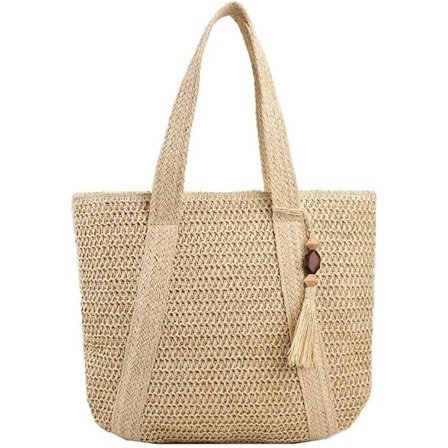 Stråvevd Tote Bag for Kvinner Stor Kapasitet Sommer Strand Reise Håndveske Skulderveske Beige