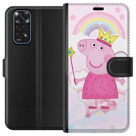 Kompatibel Tegnebogsetui til Xiaomi Redmi Note 11 Peppa Pig prinsessemotiv med krone, vinger og regnbue, eventyrligt børneillustration på skybaggrun
