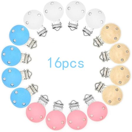 16 stk. smokkeklips. Smokkeklips i tre. Smokkeklips. Smokk i tre i 4 farger