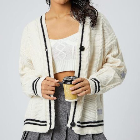 Kvinnor, öppen front, kabelstickad cardigan långärmad tröja med knappar och v-ringad randig tröja kappa Oversized