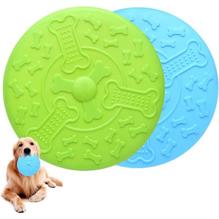 2 Stykker (Blå, Grøn) Hundefrisbee, Hundedisk Ø18,5cm, Frisbee til Dyr, Gummi Flyvende Disk til Spil Sport Træning Aktivitet og Udendørs Leg