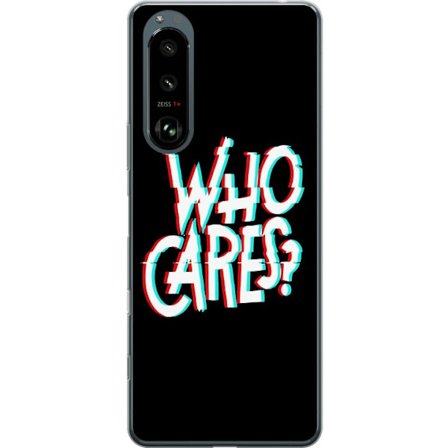 Kompatibel Mobilcover til Sony Xperia 5 III Glitchtypografi med teksten "who cares" i rødt og cyan på en sort minimalistisk baggrund.