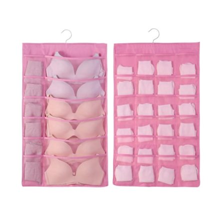 Hängande BH Organizer Oxford Tyg Dubbla Sidor Andas Stor Kapacitet Underkläder Förvaring Organizer för BH Strumpor Rosa, Fram 12, Bak 24