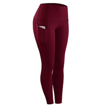 Kvinner Casual Slim Fit Vanlige Leggings med høy midje Sport Yoga Ankellengde bukser med lommer Wine Red 2XL