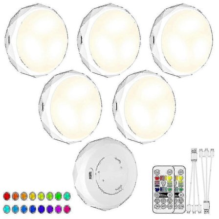 Genopladelige LED Puck Lights 6-pak, med fjernbetjening, dæmpbar RGB 16 farver 2025th