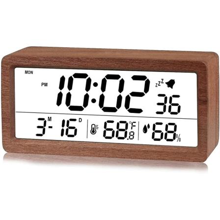 Digital vækkeur, Elektronisk LCD Tidsskærm Træbordur, A