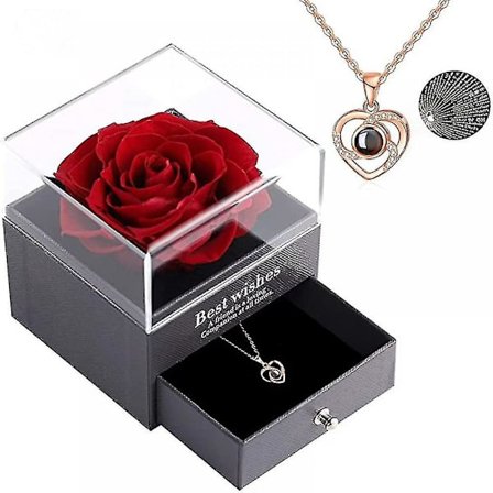 Evig Rose med 'Jeg elsker deg' Hjerte-Halskjede, 100 Språk Projeksjon, Bursdagsgaver til Kjæreste Kone Mor Mormor, Evig Rose Blomst med Smykke