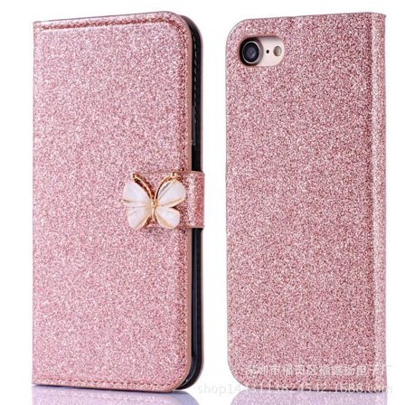 Kotelo iPhone 13 Prolle, ruusukultainen rusetti, glitter, timanttikoristeltu nahkainen korttipaikallinen lompakkokotelo