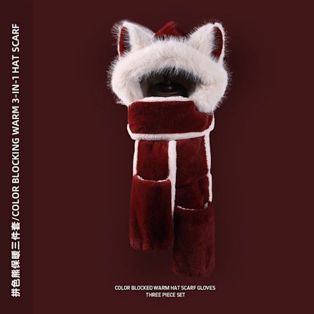 Angola Punainen Söpö Karhulakki Integroidulla Huivilla – Naisten Lämmin Pehmolakki Syksyyn & Talveen