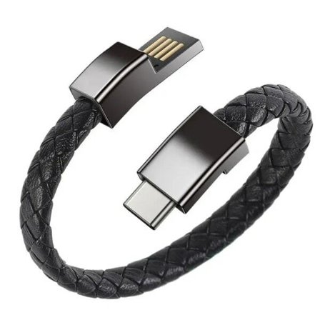 Leather Bracelet with Charging Cable - USB-C Charging Bracelet in Black