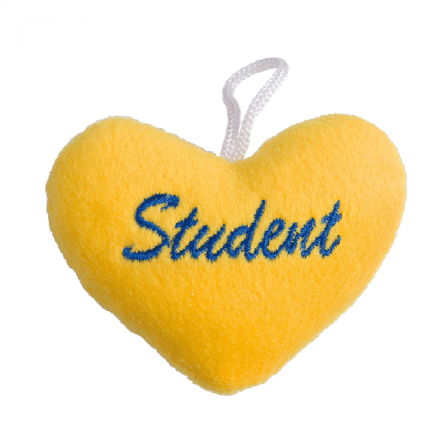 Hjerte student gult med blå tekst