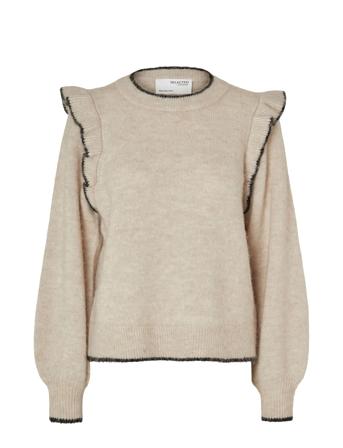 Slfalva Frills Ls Knit O-Neck Beige Selected Femme