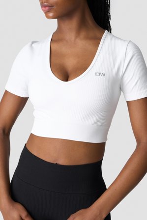 ICANIWILL - Ribbed Define Seamless V-neck Cropped T-shirt White - Naiset - Treenivaatteet ICIW:ltä