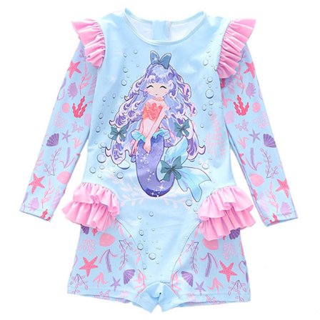 Pige-Havfrue Ruffle Langærmet Badedragt med UV-Beskyttelse