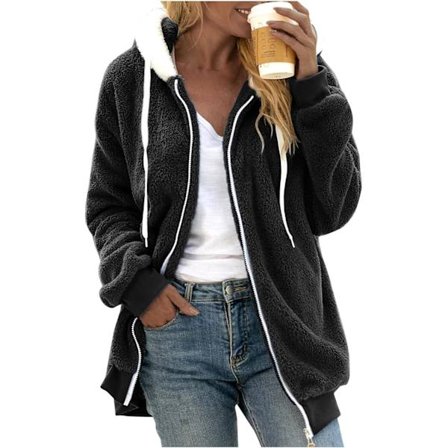 Hættejakke til kvinder, Teddy Fleece-frakke, Overgangsjakke med hætte og lommer, lynlås, efterår, vinter, plysjakke, fleecejakke, vinter