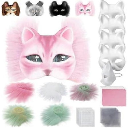 Kattemaske med pels og mesh-øje, blanke papirmasker til DIY, hvide malepapirmasker, kattemaske til DIY Halloween Mardi Gras fest
