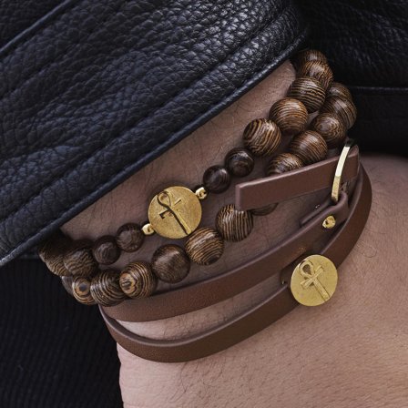 Ankh Brown & Gold-Tone Bracelet Set for Men - Leather bracelets