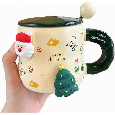 Julekrus, 450 ml keramisk krus med låg, julekrus med ske, søde kaffekrus keramik, julegaver (Snemand) (LGL)