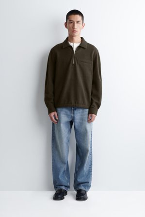 COS Men's Boiled-Wool Zip-Up Polo Jumper in Green