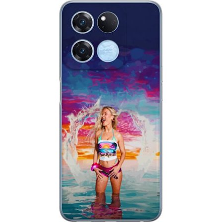 Kompatibelt Mobildeksel til OnePlus Ace Racing Blond kvinne i fargerik strandantrekk som leker i havet ved solnedgang