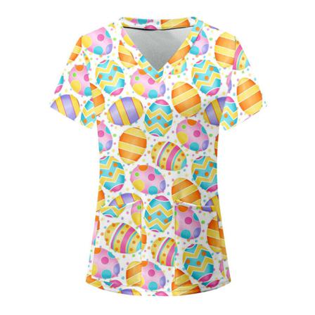 Kvinnor Sommar Kort Ärm Scrub Toppar V-ringad T-shirt Casual Baggy