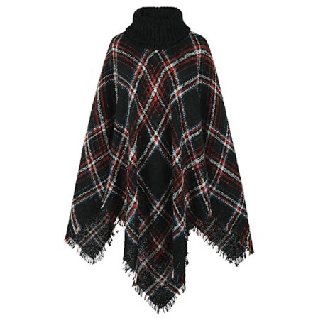 Turtleneck Frayed Trim Rutig Poncho-tröja