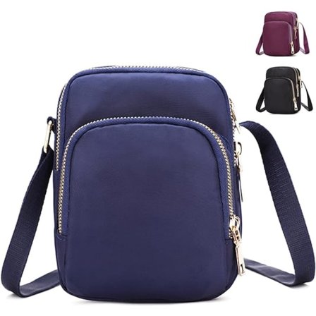 Crossbody Telefon Taske Dame, Nylonpung Skuldertaske, 3-Lags Mobiltelefon Taske med Justerbar Rem (Blå)