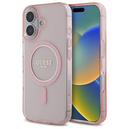 Guess GUHMP16SHFGEREP iPhone 16 6,1" rosa/rosa hårda fodral IML Glitter Circle MagSafe