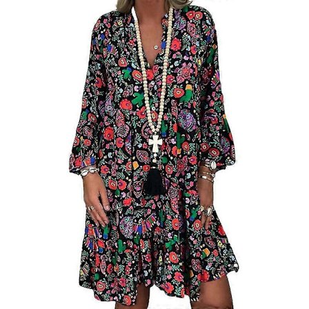 Sommarklänning Dam Casual 3/131 Ärm Knapp V-ringad Klänning Boho Lös Säck Strandklänning svart