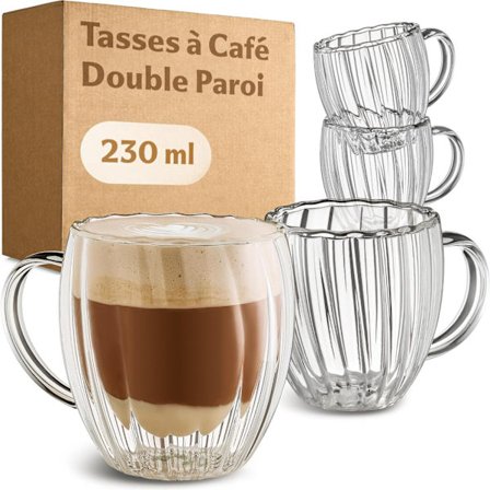 Cappuccinokoppar med dubbla väggar 250ml - Set om 4 koppar med handtag - Elegant räfflad design med flytande effekt