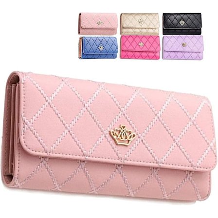PU-læderpung, Crown Wonem, dame- og pigepung, lang, trendy, damehåndtaske, møntpung, pink