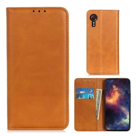 Lompakko-style Aitoa Nahkaa Läppäkotelo For Samsung Galaxy Xcover 5 - Ruskea
