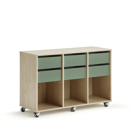 Elevförvaring CASPER, 6 lådor, hjul, 3 fack, hjul, björk, mörkgrön