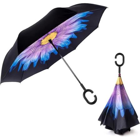 Omvendt paraply med dobbeltlags vindtett konstruksjon - Reversibel sammenleggbar for bilbruk - C-formet håndtak for håndfri bruk (Purple Dreaming)