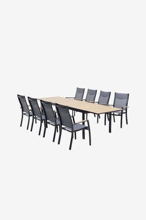LifestyleGarden - Sittegruppe 210 cm uttrekkbar, 8 stabelbare armstoler PANAMA - Svart - Spisegrupper - Fra Homeroom