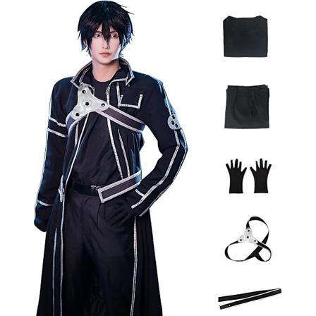 Mäns Anime Sao Kirito Cosplay Kostym Svart Jacka Lång Kappa Kostym Full Set Halloween Outfit med Peruk för Kvinnor M