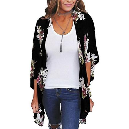 Kvinner Blomstrete Kimono Cardigan Topper Sjal Cover Up Jakke Black L