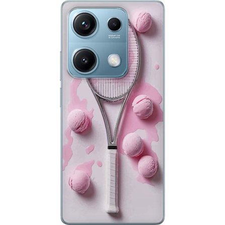 Kompatibel Mobilcover til Xiaomi Xiaomi Redmi Note 14S Rosa glaskugler og tennisketsjer i et kreativt stillbillede med legende popfølelse og moderne