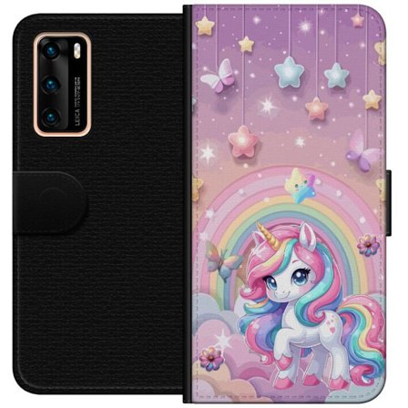 Kompatibel Tegnebogsetui til Huawei P40 Magisk enhjørning med regnbue manke, stjerner og sommerfugle mod en pastelfarvet himmel med skyer