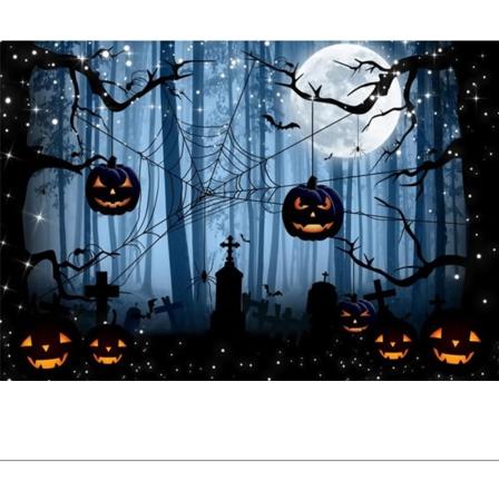 5x3ft Vinyl Misty Mørk Blå Halloween Skog Bakgrunn Gresskar Svart Flaggermus Edderkoppnett i Fullmåne Skummel Natt Fotografering Bakgrunn Skummel