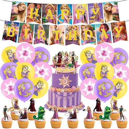Tangled Rapunzel Prinsesse Børnefødselsdagsfest Tilbehørssæt Banner Balloner Kage Toppers Dekorationssæt (FMY)