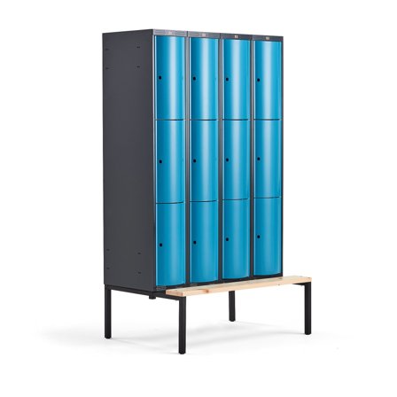 Kleiderspind CURVE mit Sitzbank, 4 Module/3 Türen, 2120 x 1200 mm, blau