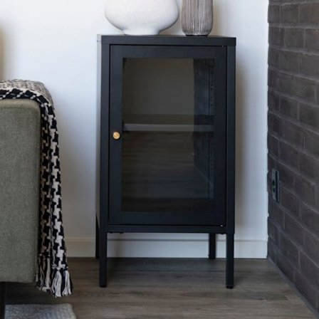 Pieni buffet 1 ovi 38x35x70 cm lasista ja mustasta metallista