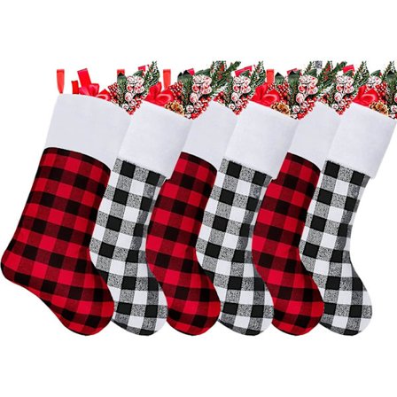 Julstrumpor, 6 Pack 18 Inch Black White Buffalo Pläd Julstrumpor Öppen spis hängande