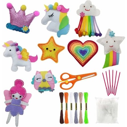 DIY sykit til børn, håndværkssæt til børn, filt håndværk med broderitråd, plastiknåle, fyldningsbomuld, saks