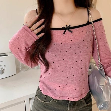 T-shirt med sløjfetryk til kvinder Sexede toppe PINK L